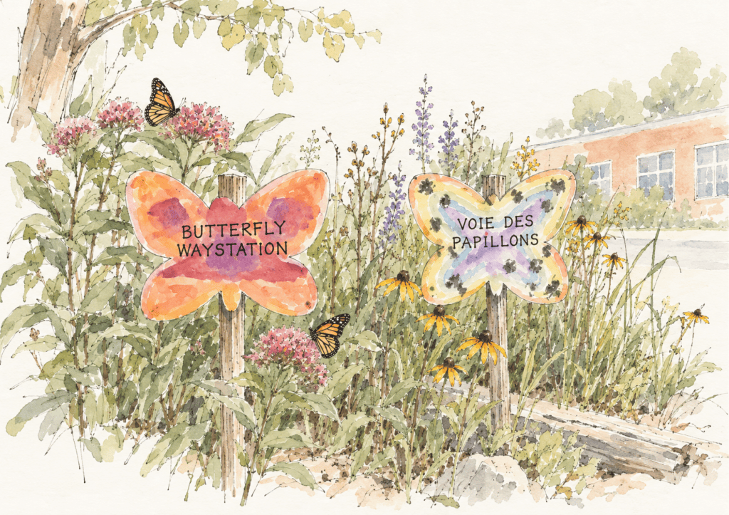 Butterfly-shaped signs reading Butterfly Waystation and Voie des papillons in a garden of milkweed and coneflowers, monarchs nearby