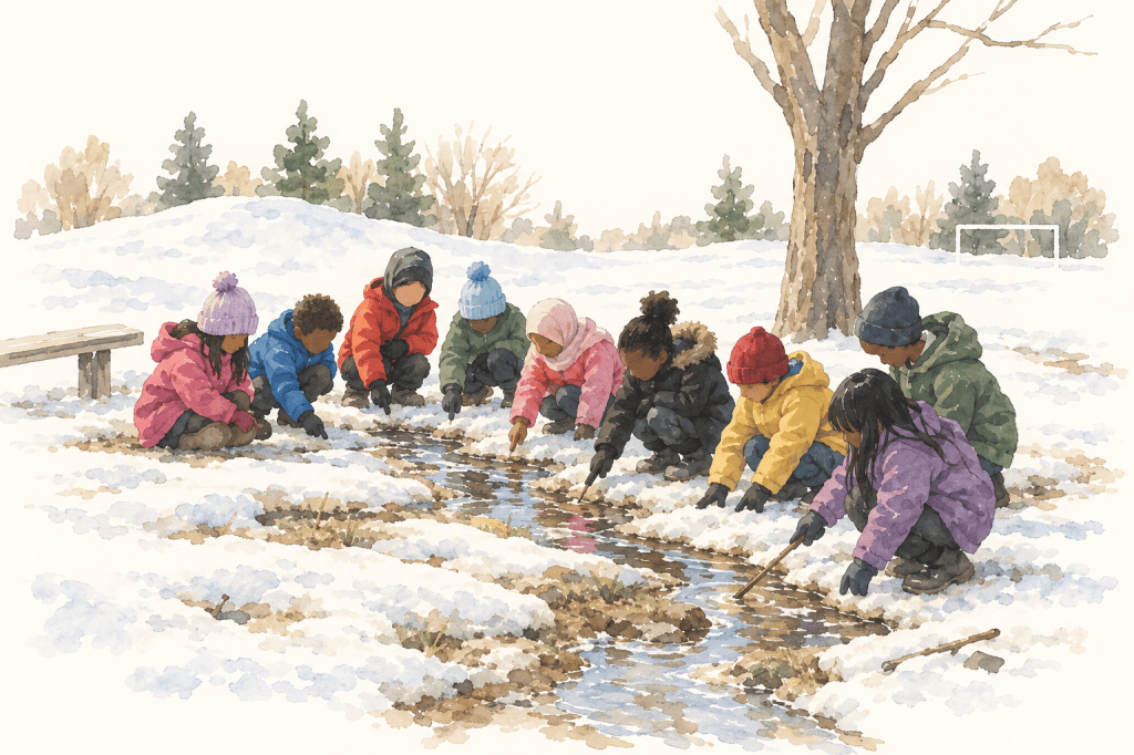 A class in winter coats crouched along a meltwater stream running through the snow on the schoolyard
