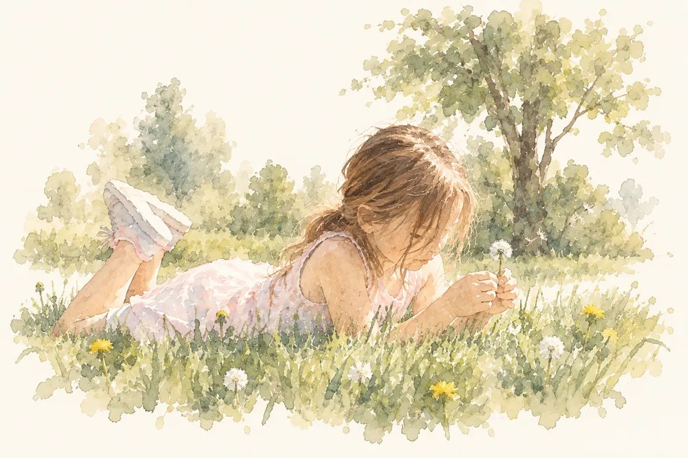 A student lying in long grass, looking closely at a dandelion seed head