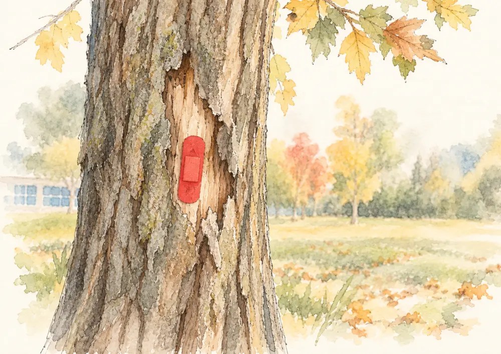 A maple trunk with a red bandage over a patch of missing bark, autumn leaves above