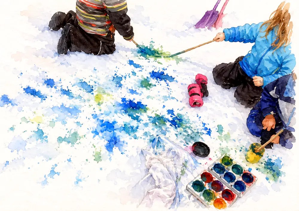 Two students painting blue and green splashes across the snow with brushes, a paint tray beside them